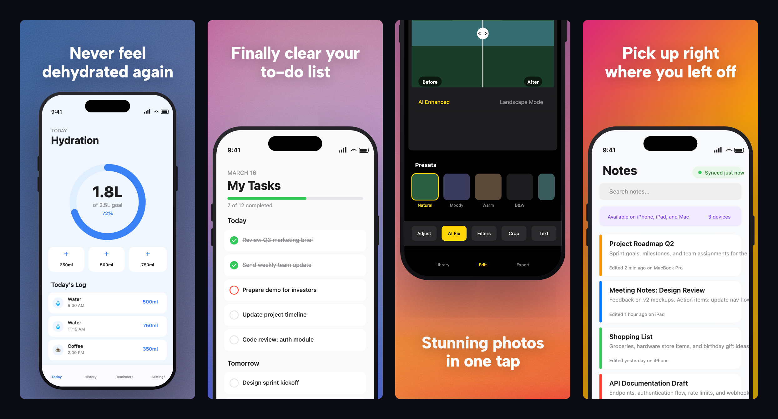 Four app store screenshots with benefit-focused captions rendered in the Prism Glow template: Never feel dehydrated again, Finally clear your to-do list, Stunning photos in one tap, Pick up right where you left off