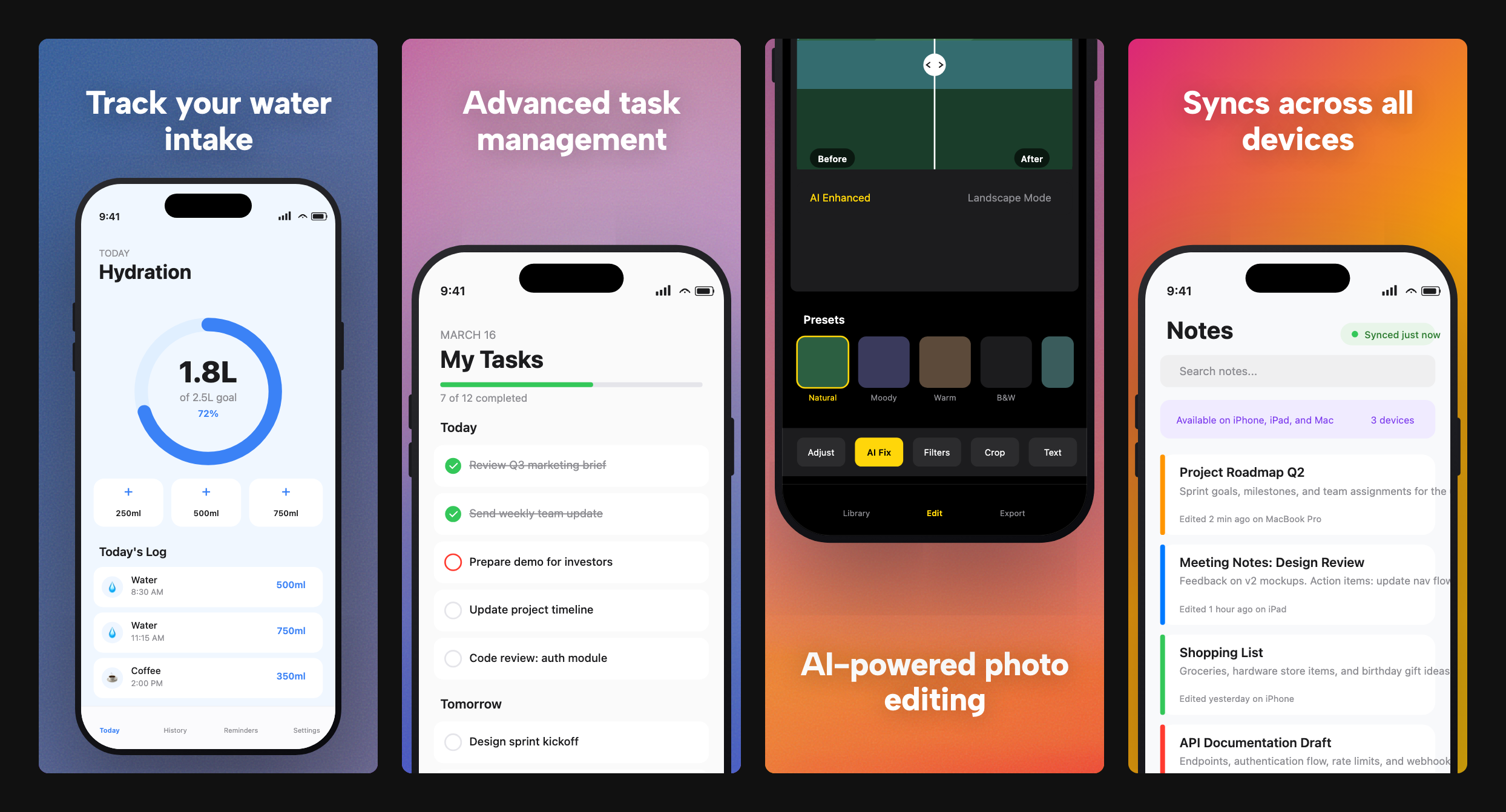 Four app store screenshots with feature-focused captions: Track your water intake, Advanced task management, AI-powered photo editing, Syncs across all devices